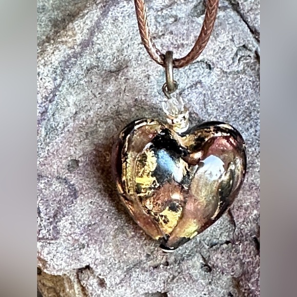 Heart Pendant Necklace Puffy Blown Art Glass Metallic Brown 16-18’ Chain 5518 G - Picture 9 of 10